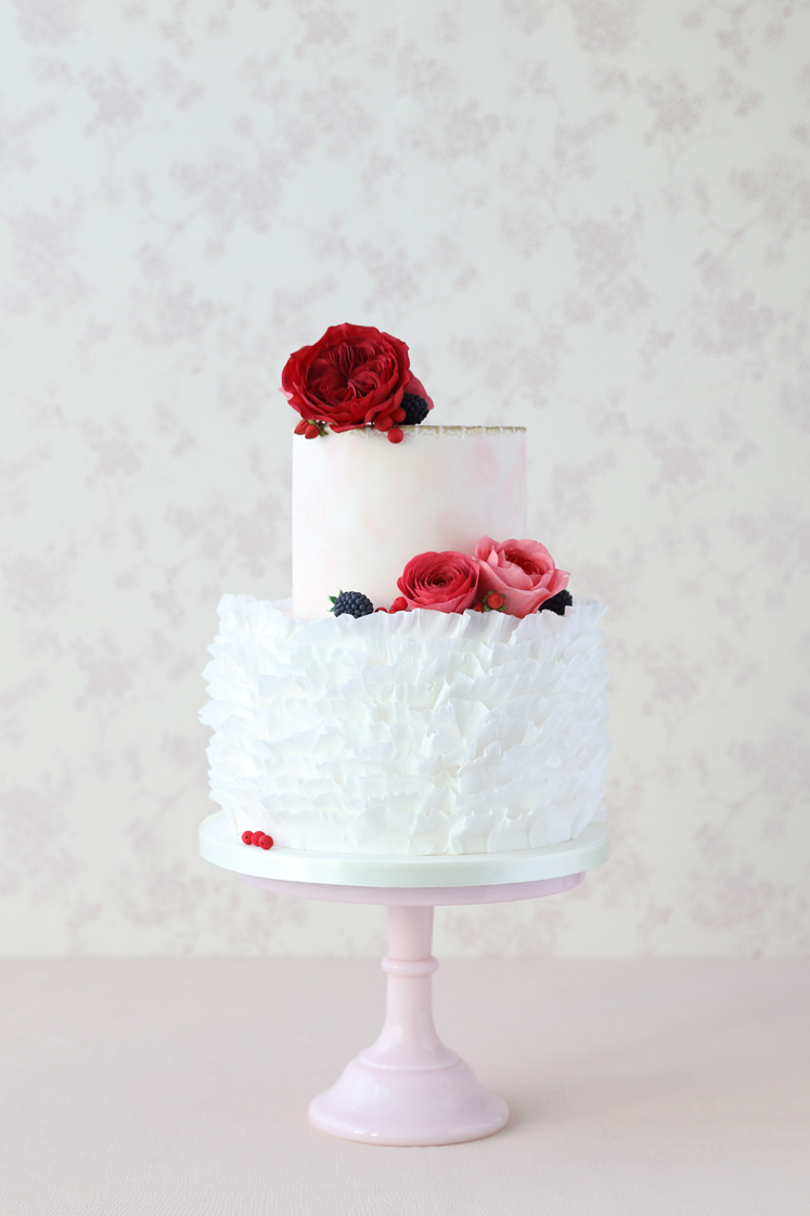 Two Tier Ruffle & Rose Wedding Cake